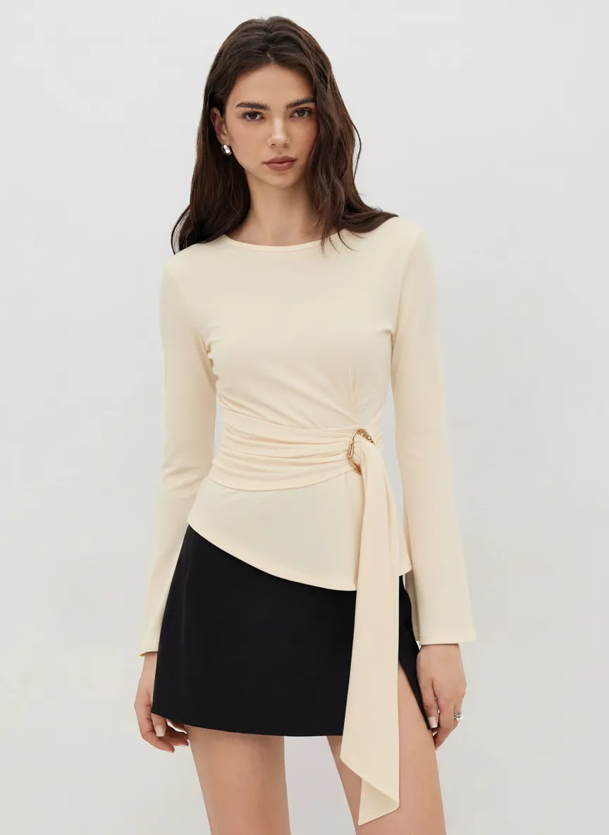 Round Neckline Ruched Metal Detail Long Sleeve Tee