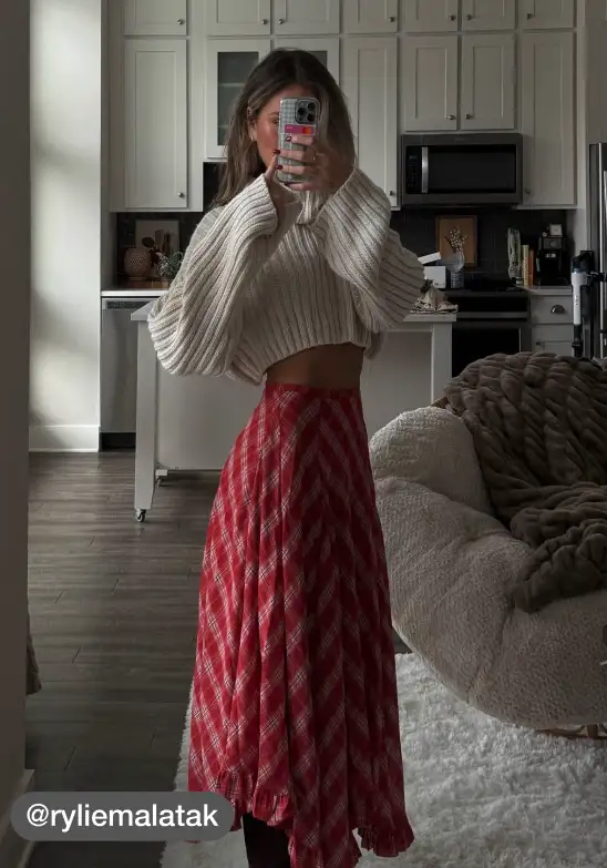 Chiffon Mid Rise Tartan Ruffle Hem Lettuce Trim Maxi Skirt