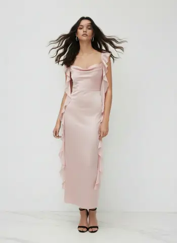 Satin Maxikleid mit Rundhalsausschnitt und Rüschensaum