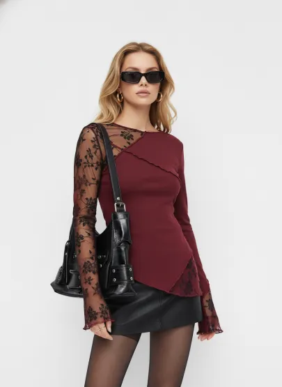 Cotton-blend Abstract Graphic Asymmetrical Neck Long Sleeve Tie Side Oversized Tee