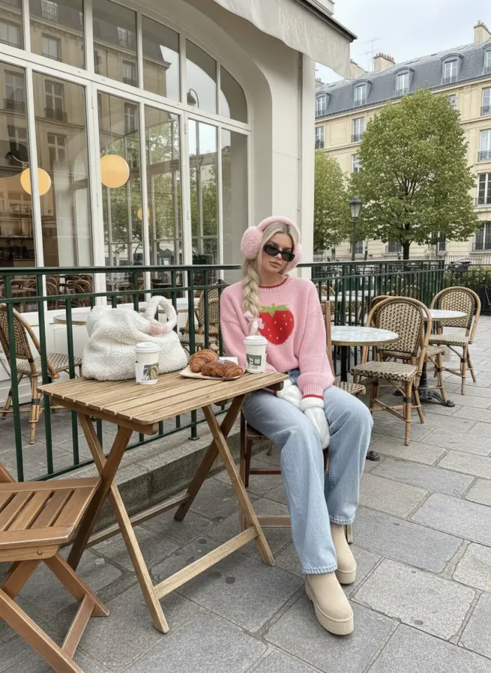 Knit Strawberry Pattern Contrasting Binding Round Neckline Long Sleeve Oversized Top