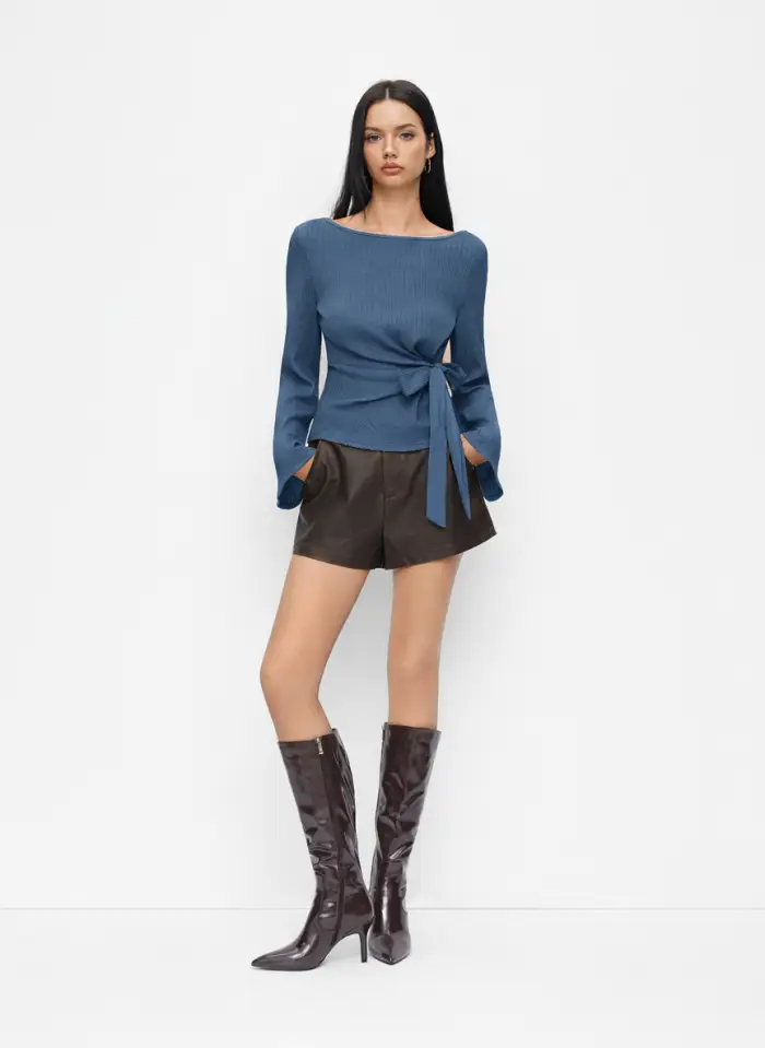 Boat Neck Textured Side Knotted Ruched Long Sleeve Top