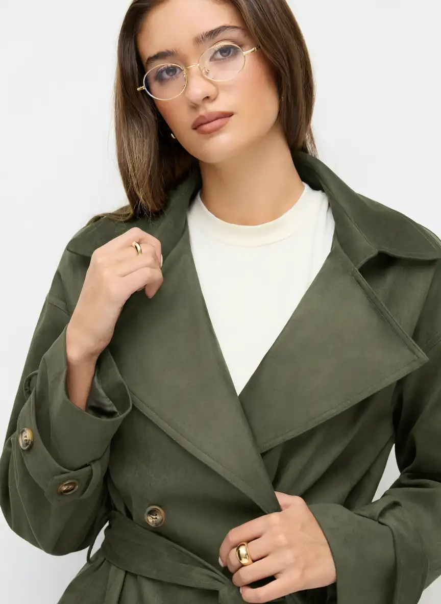 Suede Collar Double Breasted Windbreaker With Belt