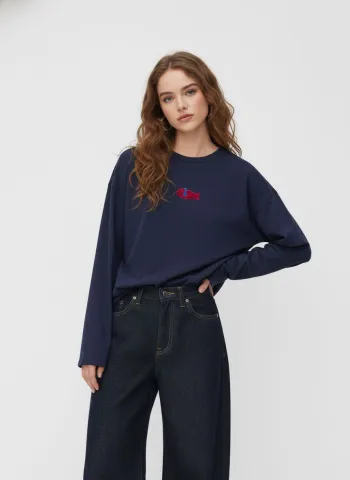 T-shirt oversize a maniche lunghe con ricamo di pesce in 100% cotone e scollo rotondo