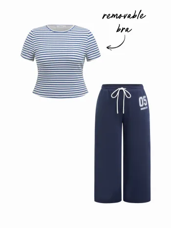 Baumwollmischung gestreifter Oberteil mit abnehmbarer Badehose & 05 Brooklyn Mittelhöhe Bund Breitbein Hosen Lounge-Set Kurve & Plus