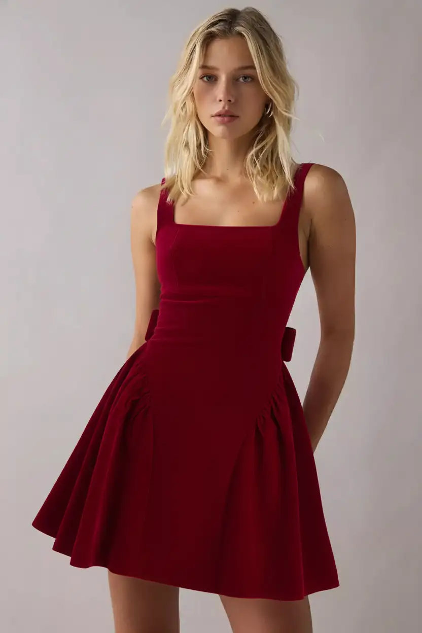 Velvet Square Neck Bowknot Tie Back Ruffle Mini Dress