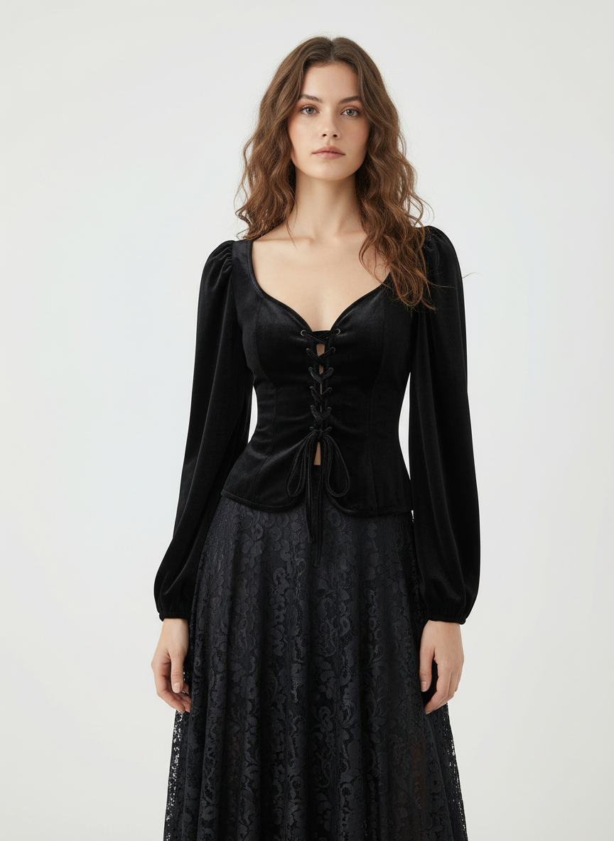 Chemise en velours avec col cœur, manches lantern et lacets