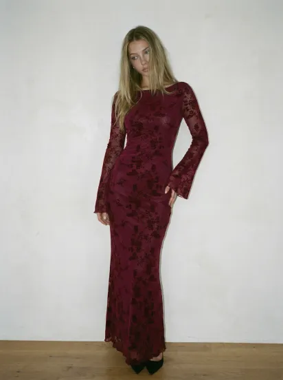 Tejido de punto Escote Redondo Liso Lazo Espalda Maxi Vestido For Fecha Boda