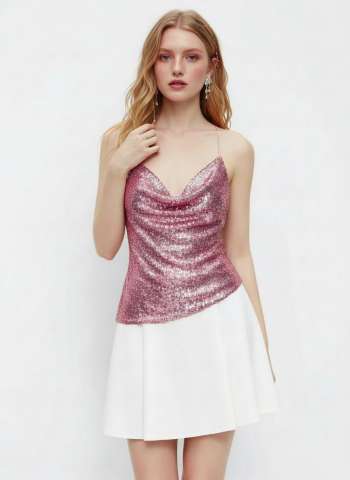 Sequin Cowl Neck Lace Up Asymmetrical Hem Cami Top