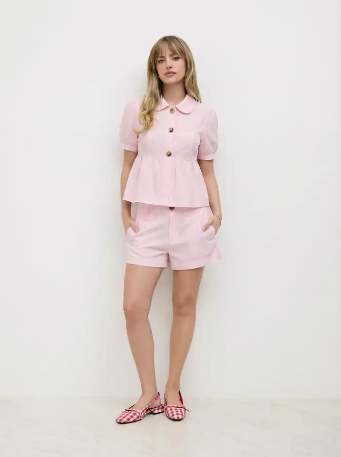 Woven Cotton-blend Collar Double Breasted Short Puff Sleeve Oversized Blouse For Daily Casual