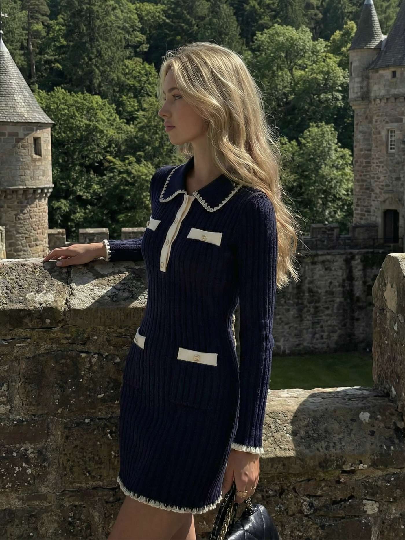 Knit Fabric Knit Polo Collar Contrasting Binding Mini Dress For Daily Casual