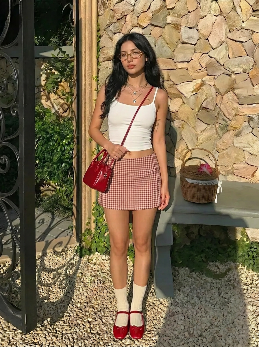 CIDER Knit Fabric Jacquard Low Rise Gingham A-line Mini Skort For Daily Casual Date
