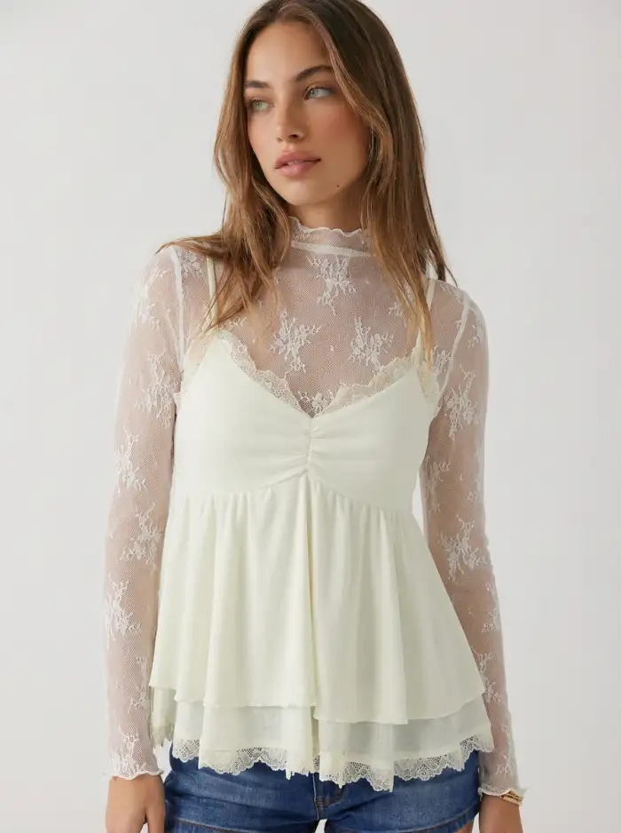 Valentine Lace Lace High Neck Lace Long Sleeve Top For Date Picnic