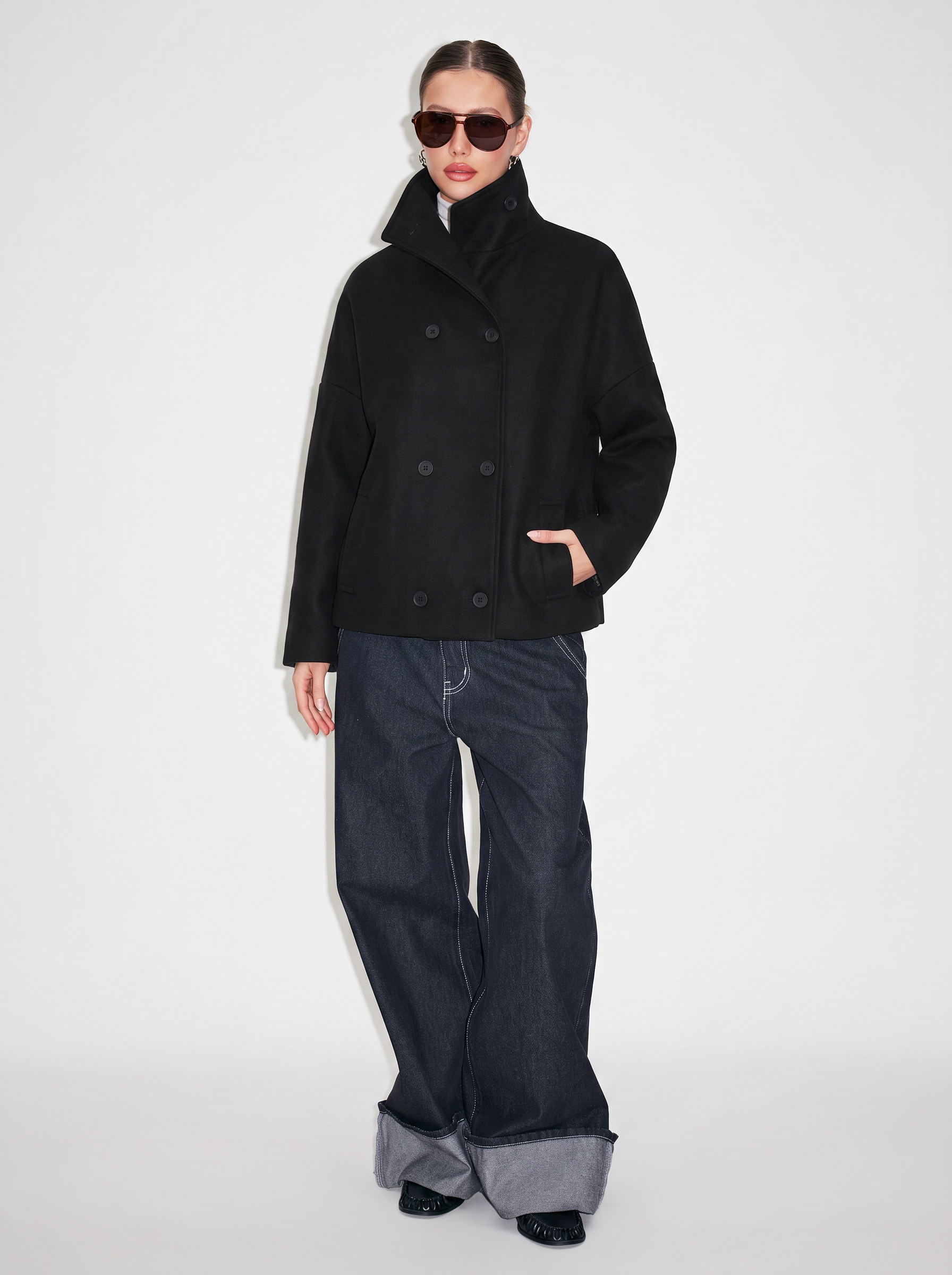 ジャケット・アウター 2way high neck pea coat Woven Wool-look High Neck Double Breasted Oversized Jacket For