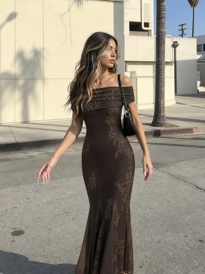 Wedding Wedding Guest Dress Party Dress For Party New Years Holiday Dress wedding guest wedding special occasion dresses Mesh Mesh Floral Off-shoulder Ruched Mermaid Maxi Dress For Date Wedding