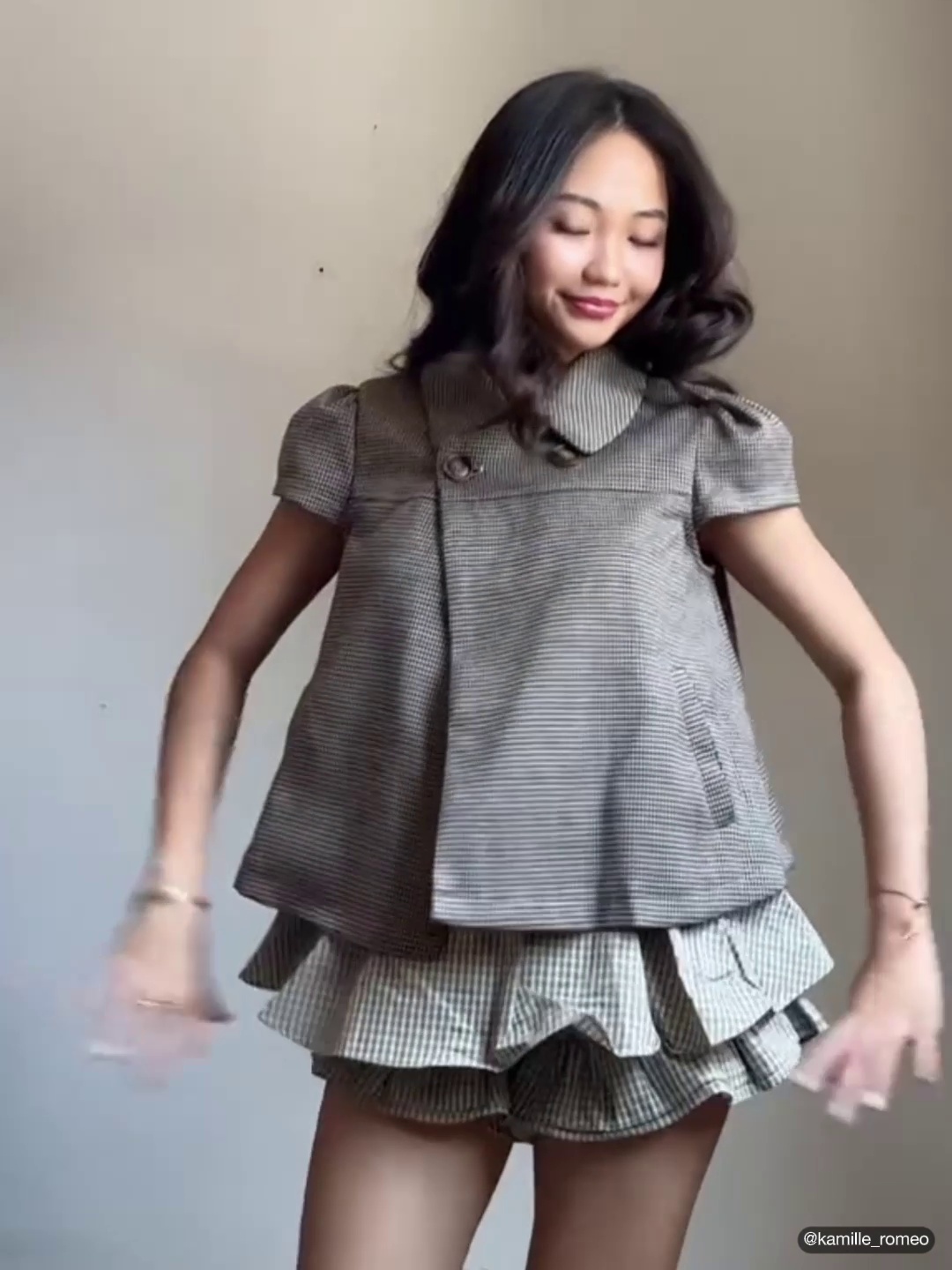 Peter Pan Collar Houndstooth Button Short Sleeve Blouse