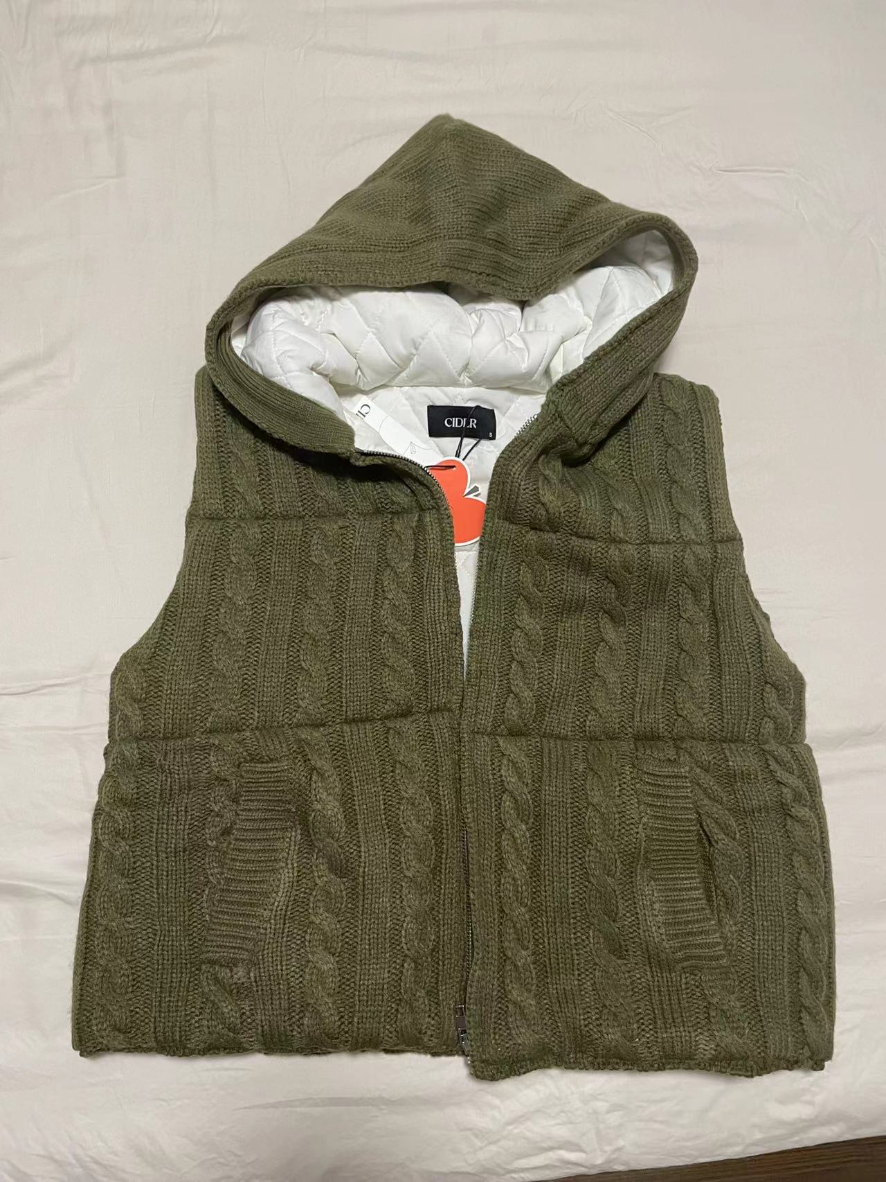 Cable Knit Hooded Solid Pocket Puffer Vest For School Daily Cable Knit Hooded Solid Pocket Puffer Vest For School Daily